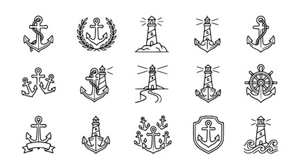Obraz premium Nautical Icons: Anchors, Lighthouses, and Ship Wheel Hand Drawn Set