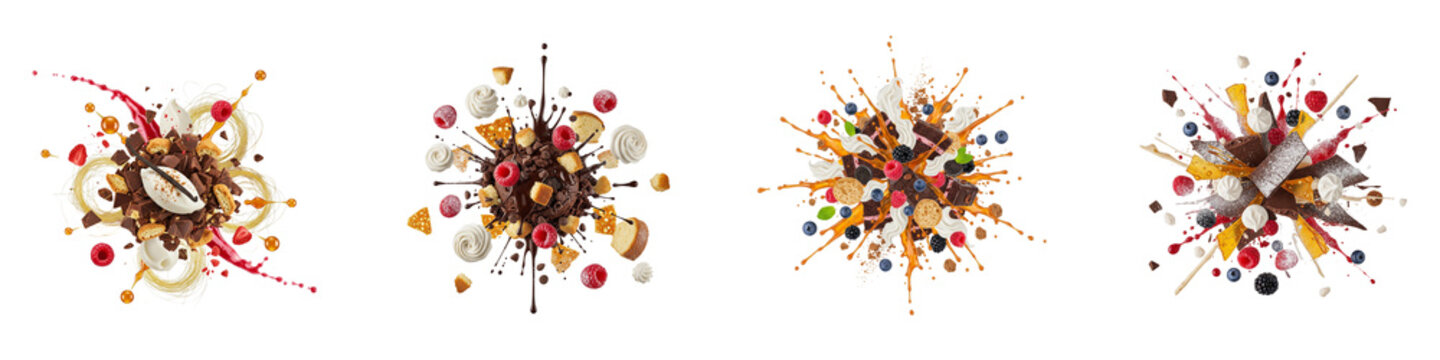 Assorted chocolate dessert and berry explosions isolated on black background
