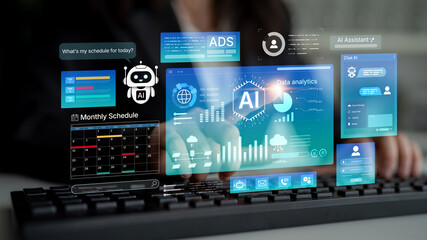 Fototapeta premium AI assistant unifies analytics, scheduling and marketing automation in one workspace. AI reads calendars, AI tracks campaign results, and AI supports faster decisions and productivity data. Corpus