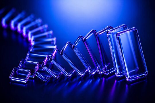 Spiral glass blocks with blue neon glow on dark abstract background