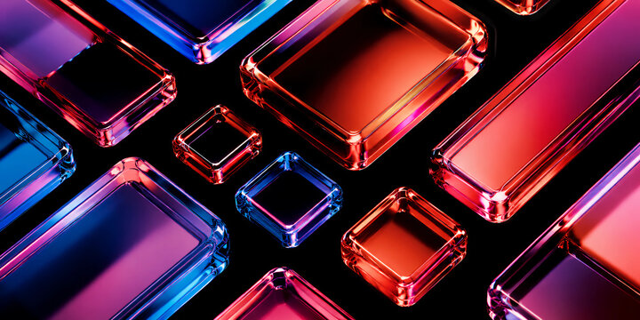 Red glass blocks in diagonal grid with blue magenta reflections on dark glossy background