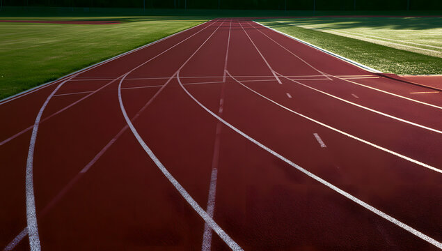 Vacant red track with white lines stretches ahead. A pristine athletic field, without any spectators, provides an ideal backdrop for contests, exercise, or inspiration themes.