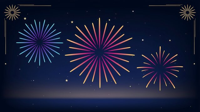 Colorful fireworks exploding in night sky with stars and gradient background