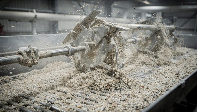 Medium shot showcasing the dynamic granulation line integrating nitrogen phosphorus and potassium granules highlighting mechanical agitators in a lightly dusty production scene.