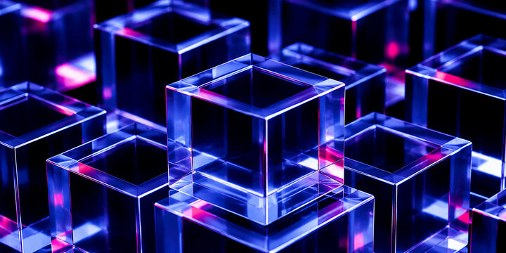 Stacked glass cubes and square frames with blue magenta reflections on dark background