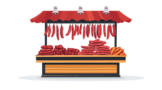Red-roof sausage stall displaying long sausages hanging and piled cuts on stand
