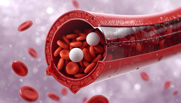 Blood cells clot in the human body blood vessels. Artery, vein blockage with coagulated cells, deep vein thrombosis health risk. Thrombus, embolus, embolism, blood flow 3d medical science illustration