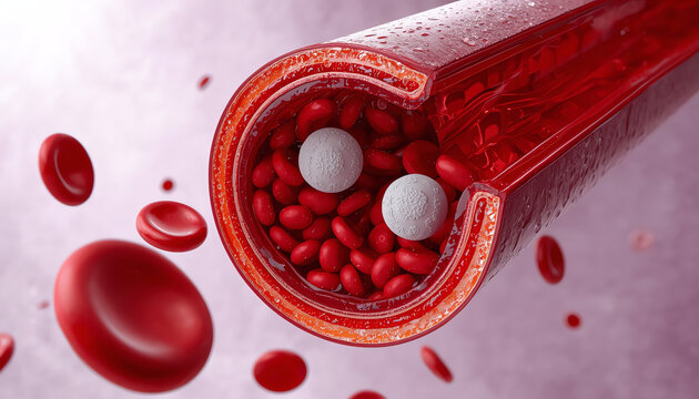 Blood cells clot in the human body blood vessels. Artery, vein blockage with coagulated cells, deep vein thrombosis health risk. Thrombus, embolus, embolism, blood flow 3d medical science illustration