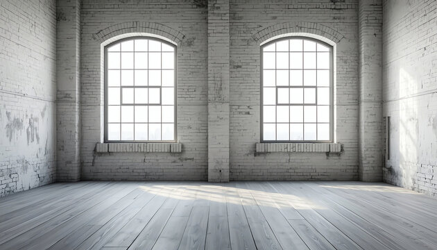 Empty room apartment interior background with brick wall, wooden floor, windows, city background. Abstract open space loft, minimalist living room. Modern 3D interior design renovation concept mockup