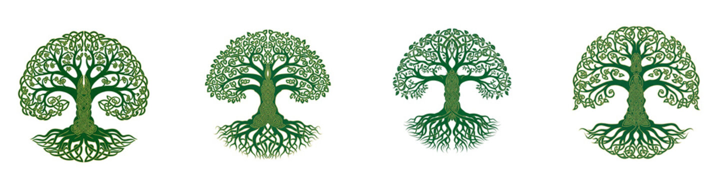 Celtic tree of life icons with intricate knotwork patterns on black