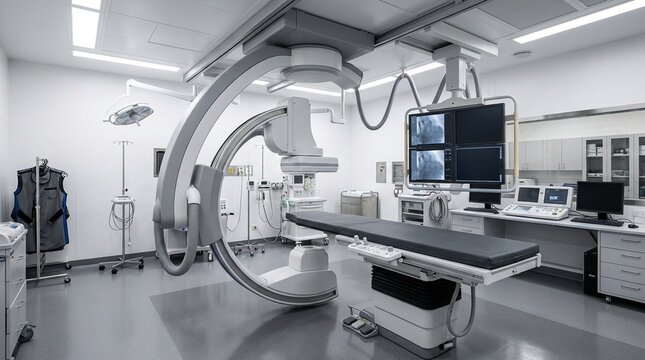 Angiography Suite with C-Arm Machine, No Patient Present &ndash; Interventional Radiology Equipment