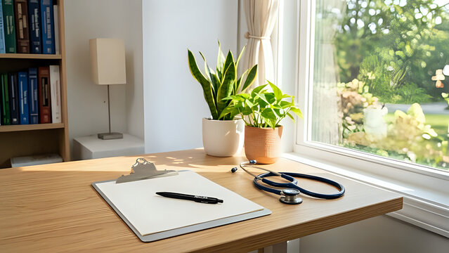 A wooden desk with a stethoscope, pen, clipboard, plants, and books near a sunny window in a doctors office or home workspace setting with natural light