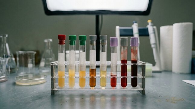 Liver Function Test Blood Tubes on Lab Bench &ndash; Clinical Diagnostics Concept
