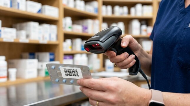 Pharmacist Scanning Medication Barcode, Close-Up &ndash; Prescription Verification Technology Concept