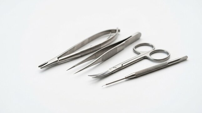 Tiny Microsurgery Instruments, Macro Close-Up on White Background &ndash; Precision Surgical Tools Concept