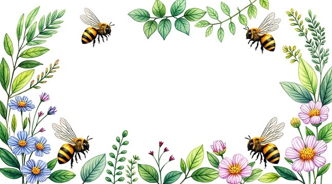 Watercolor Floral Frame with Bumblebees and Summer Flowers on White Background