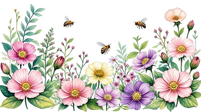 Vibrant watercolor floral border with buzzing bees, a charming illustration of spring garden blossoms and lively pollinators