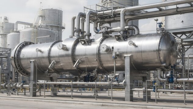 Horizontal packed reactor in a chemical plant synthesizing ammonium salts highlighting modular stages and external piping connections.