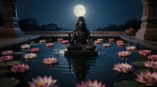 Dark Shiva statue sits in water tank with pink lotus flowers under full moon. Night scene at Indian temple tank with serene atmosphere during Maha Shivratri festival.
