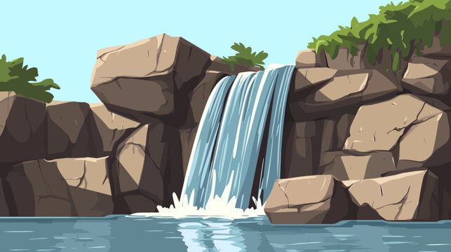 rockfall scene with cascading water, jagged cliffs overhangs, green foliage, distant waterfall, and flowing ocean. vibrant blues, greens, and grays under soft gradient sky