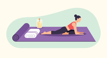 Fototapeta premium A woman practices a yoga pose on a purple mat with a candle and folded towel, set against a minimalist background in this vector illustration.