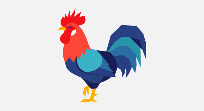 Colorful stylized rooster illustration in a flat design style, vibrant farm bird vector art with red comb and blue feathers
