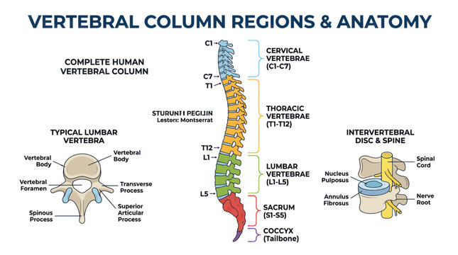 Human Vertebral Column Anatomy Chart: Regions, Lumbar Vertebra, Discs & Spine