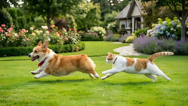 A playful dog and cat running together in a beautiful garden with flowers and a house