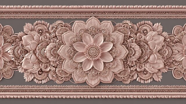 Intricate rose gold floral and mandala pattern decorative border with ornate relief details against a dark background.