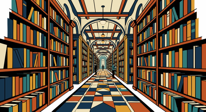 Vintage library interior vector illustration, grand hall with wooden bookshelves and books, classic academic library architecture with arched ceiling