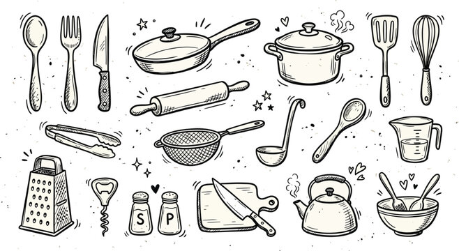 Hand drawn love symbols vector graphics with kitchen utensils and food items