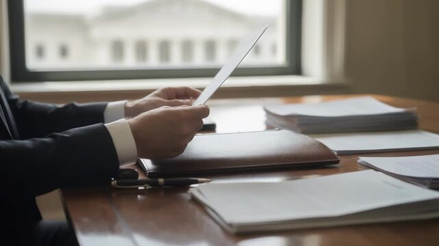 Medium shot of an attorneys hands reviewing a testamentary trust document on a wooden desk with papers and a blurred courthouse window in the background.