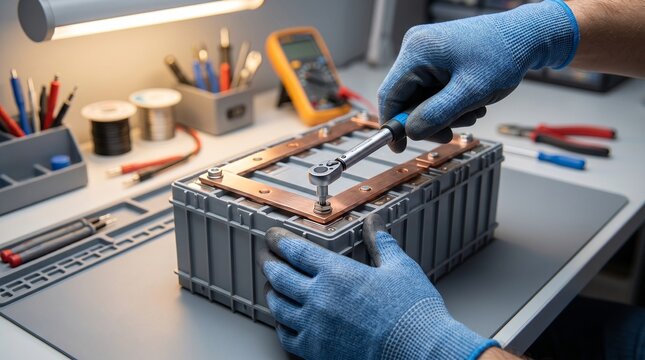 Technician assembling lithium ion battery pack in workshop