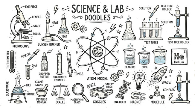 Hand drawn social media icons and science doodles with lab equipment