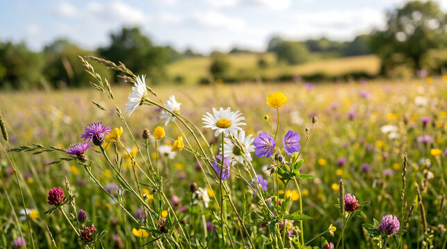 Vibrant wildflowers in a lush green field on a sunny day with trees in the distance under a blue sky with clouds