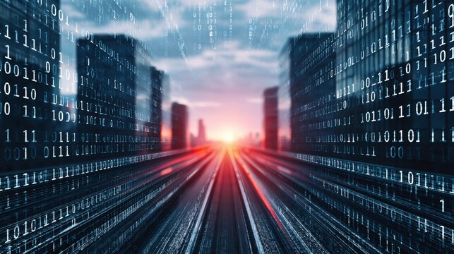 Technology and digital city with binary code data stream in a futuristic network