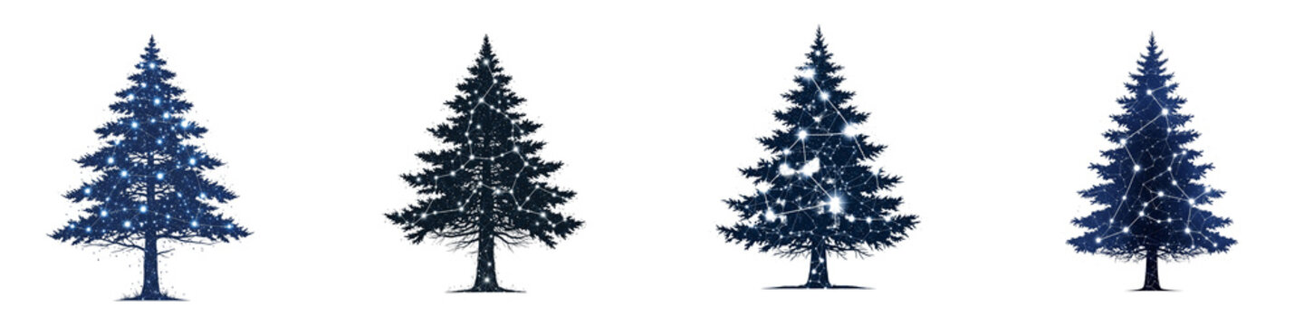 Digital pine trees made of network nodes and glowing constellations