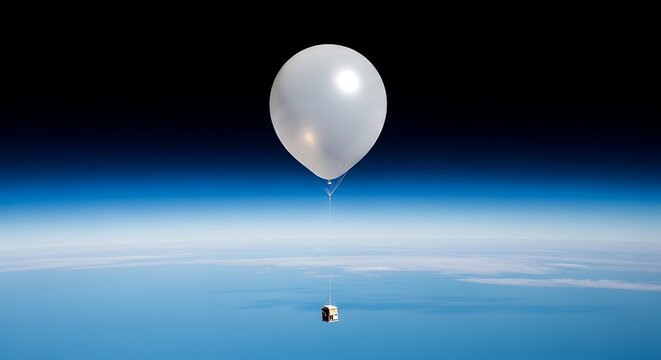 White balloon ascends above earth atmosphere with small capsule attached