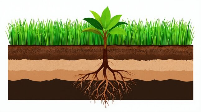 Cutaway view of green grass with layered soil cross section. Plant roots grow deep into the earth showing soil structure and nutrient absorption for healthy plant life.