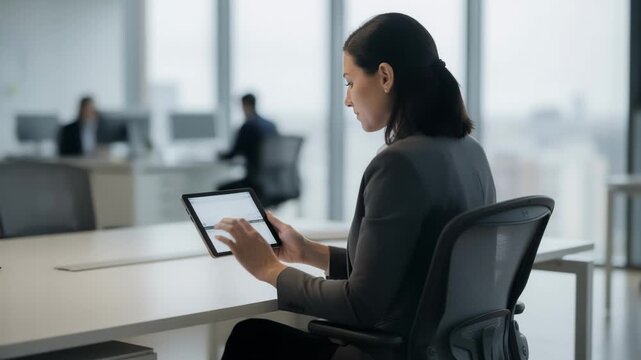 Medium shot of an HR professional reviewing hourly timesheets on a tablet emphasizing pension deductions while the office environment remains out of focus.