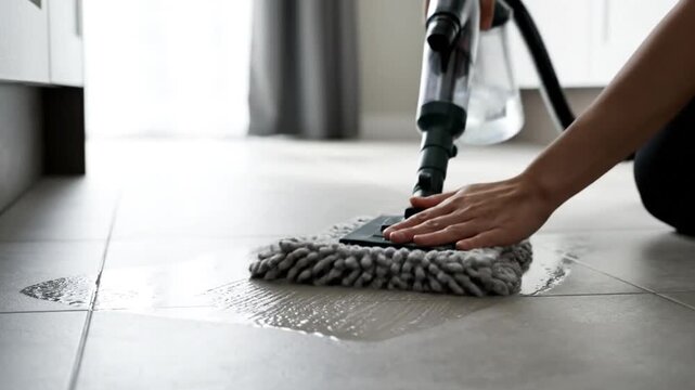 Close-up of a person cleaning a tiled floor with a microfiber mop in a modern indoor home environment. The shot highlights household hygiene, floor maintenance, and domestic cleaning activit
