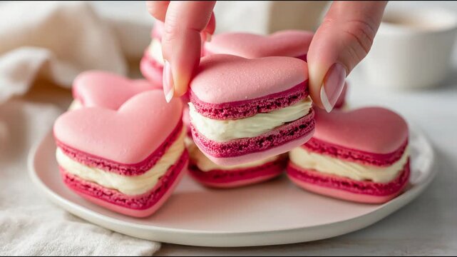 Female hand with a french manicure taking a heart shaped macaron from a white plate