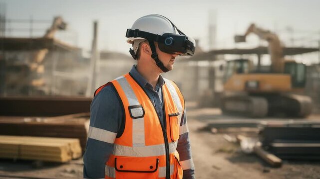 Medium shot of a construction worker wearing a VR headset training to identify safety risks on a busy construction site with blurred machinery and materials in background.