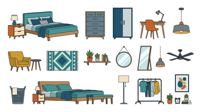 Modern Bedroom Furniture and Decor Collection - Flat Design Vector Icons