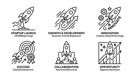 Startup Launch, Growth, Innovation, Success, Collaboration, Opportunity Icons © tempe