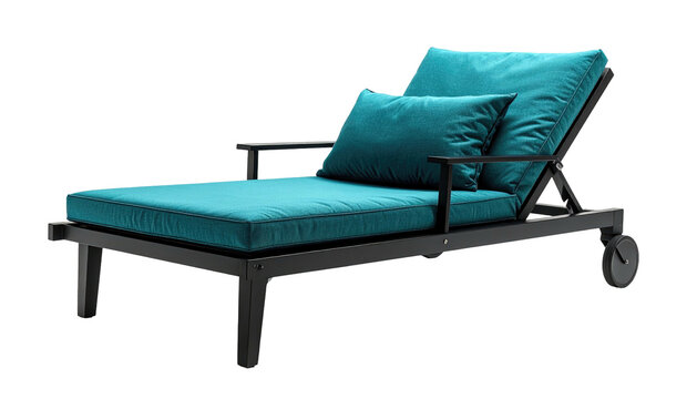 Teal cushioned chaise lounge with dark frame and back pillow on black