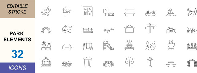 Park elements line icon set. Featuring playgrounds, benches, pathways and recreation concepts. Clean vector set for maps, tourism and landscape design. Editable stroke. © Md