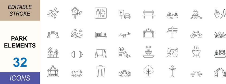 Park elements line icon set. Featuring playgrounds, benches, pathways and recreation concepts. Clean vector set for maps, tourism and landscape design. Editable stroke.