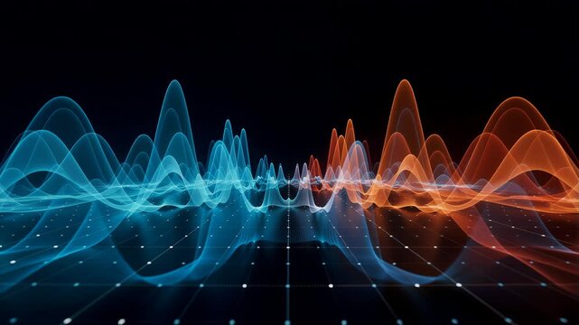 Abstract Futuristic Data Wave Visualization with Blue and Orange Digital Energy Flow on Grid Background