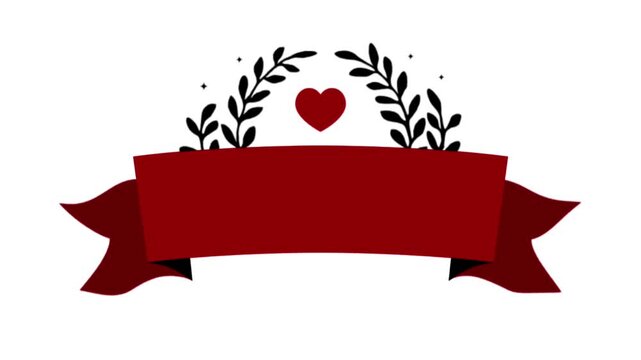 Blank red ribbon banner with heart and elegant floral leaves decoration isolated on white background